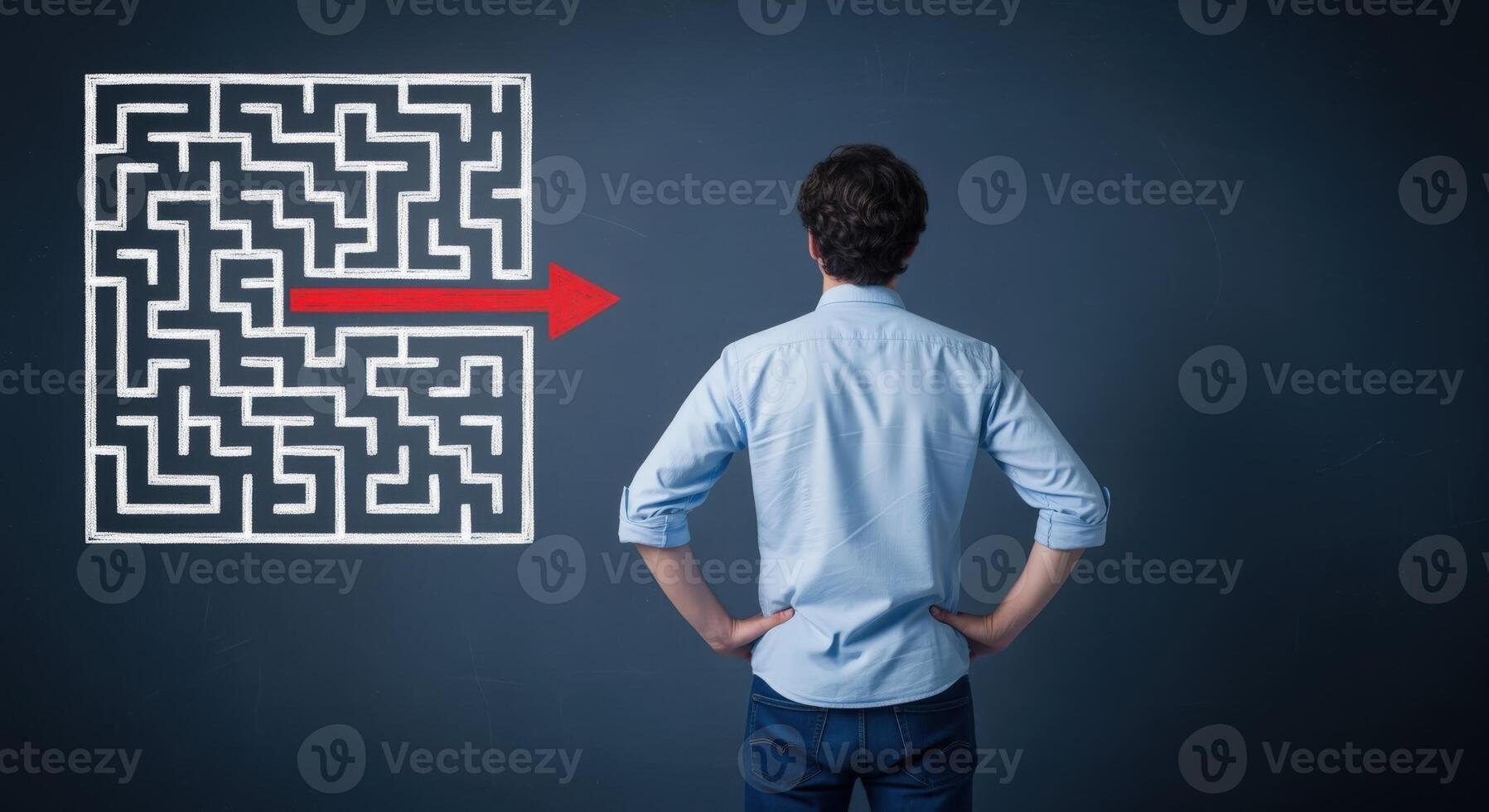 Man Stands Before a Maze with a Clear Path, Concept of Problem Solving photo