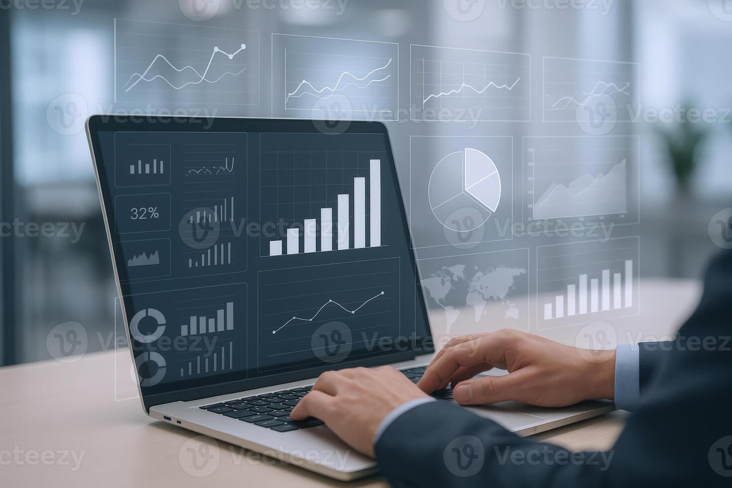 Data Analysis on Laptop Screen Displaying Business Growth Charts, Financial Statistics and Performance Indicators photo