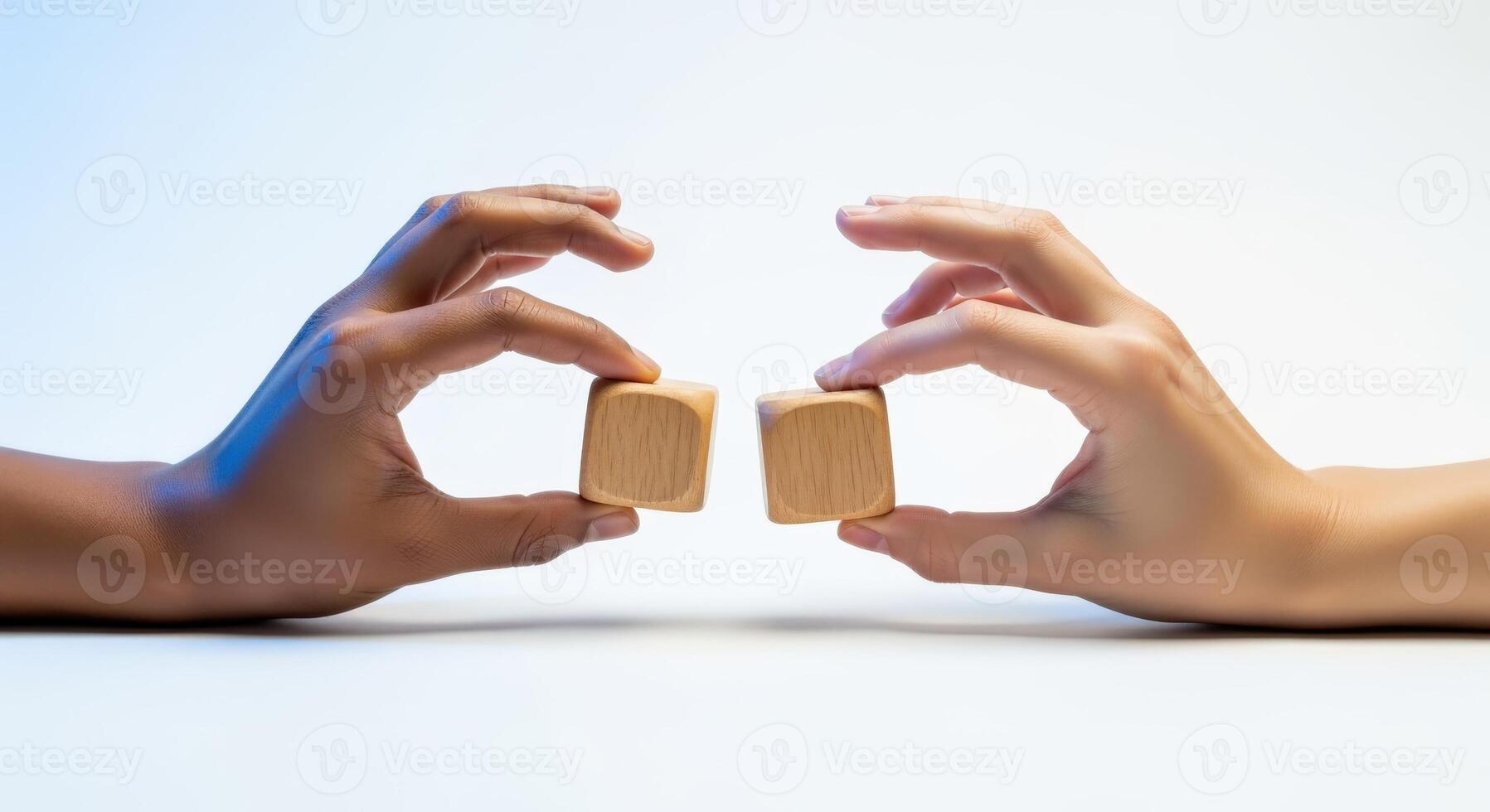 Diverse Hands Holding Wooden Blocks Concept of Connection, Collaboration, Teamwork, Unity, and Problem-Solving photo