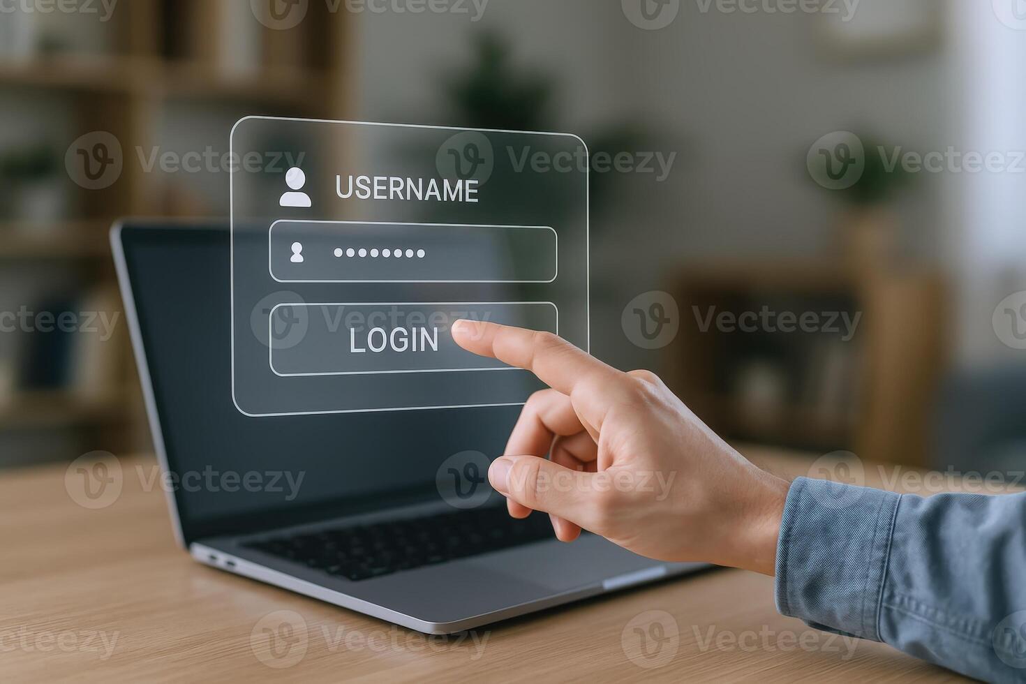 Secure Login Interface on Laptop with Finger Pressing Button for Cybersecurity Concept photo