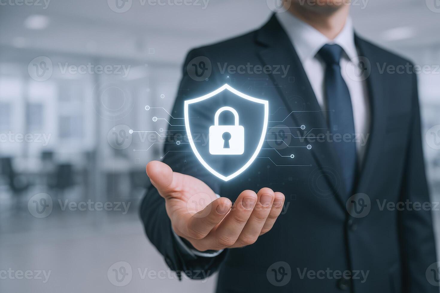 Business Professional Presenting Digital Security Shield Cybersecurity Protection, Data Encryption, and Network Defense Concept photo