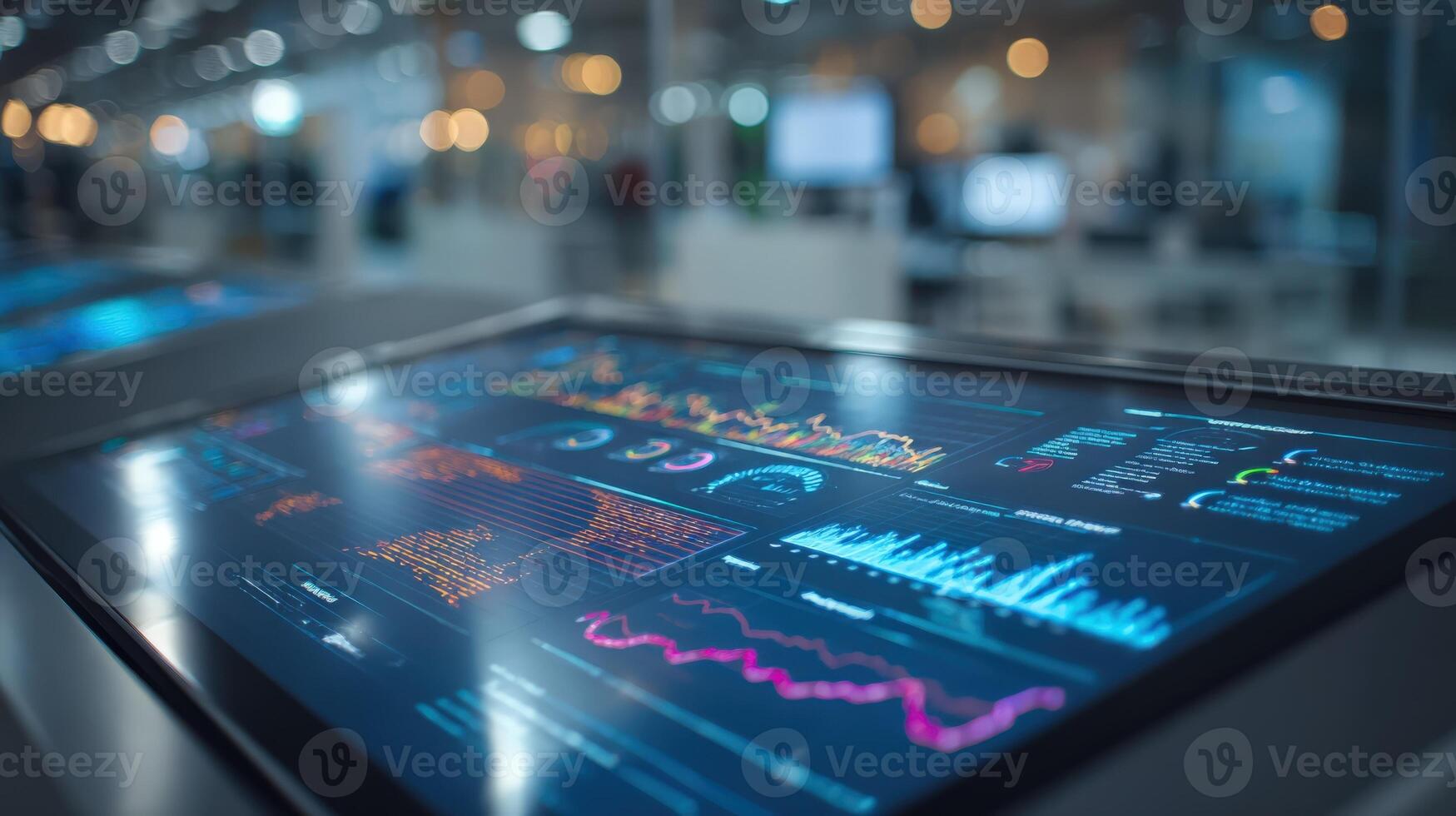 Interactive Touchscreen Displaying Real-Time Data Analytics and Business Intelligence Metrics in a Modern Office Environment photo