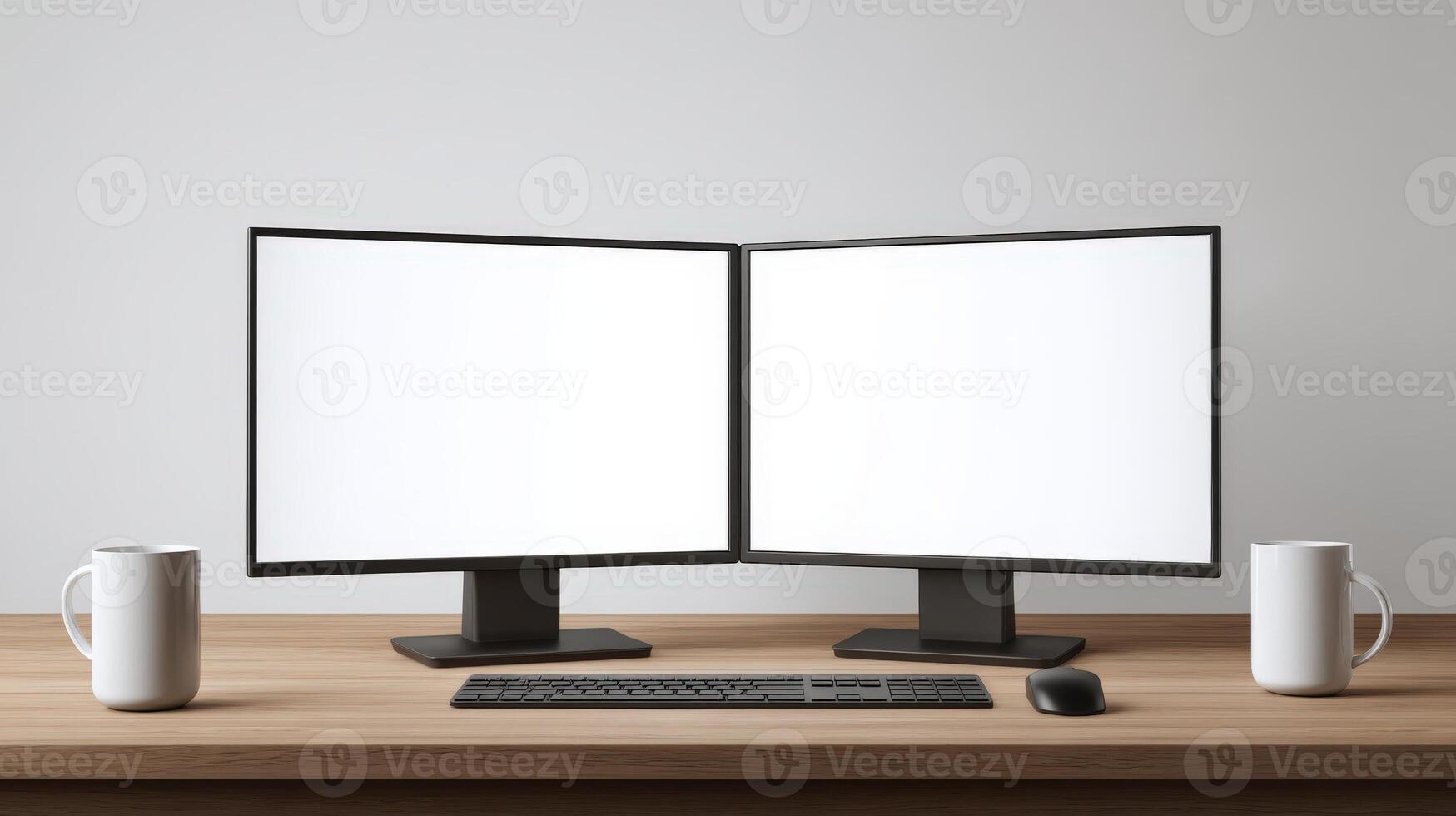 Dual Monitor Setup with Clean Desk and Mugs Mockup for Productivity and Organization photo