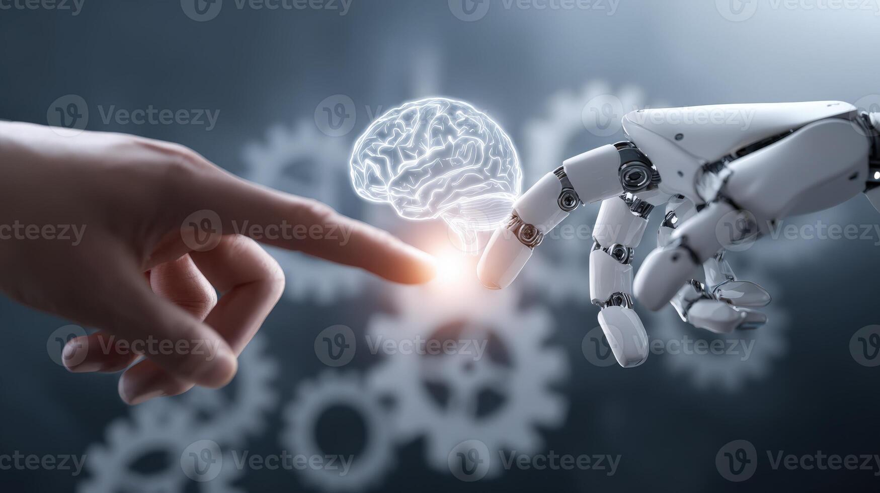 Human and Robot Hand Touching Overlapping Gears with Holographic Brain, Exploring Artificial Intelligence Future photo