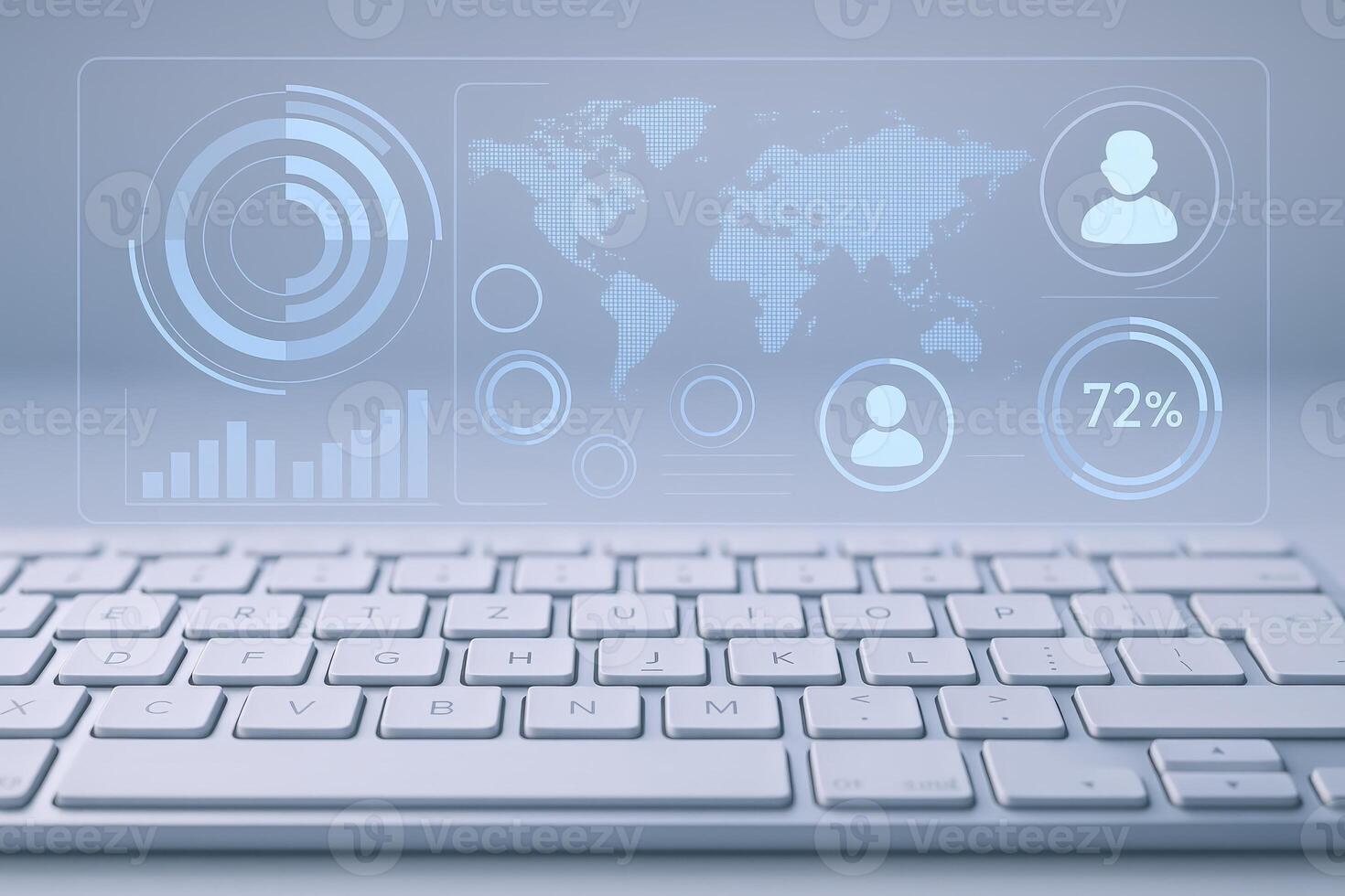 Futuristic Technology Interface Displayed Above Keyboard, Representing Data Visualization, Analytics, and Global Connectivity in Modern Business photo