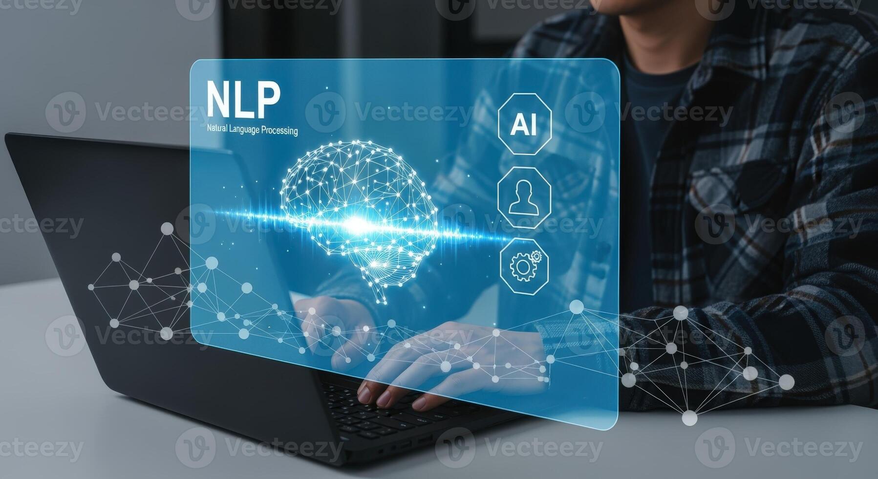 Person Using Laptop with Natural Language Processing Interface Concept Displayed, Showcasing AI and Neural Network Technology photo