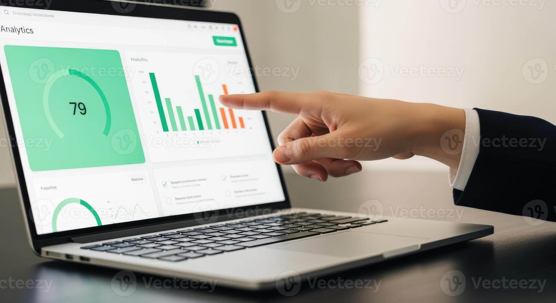 Data Analysis on Laptop Screen Displaying Charts and Graphs, Hand Pointing to Screen, Analytics, Business, Technology photo