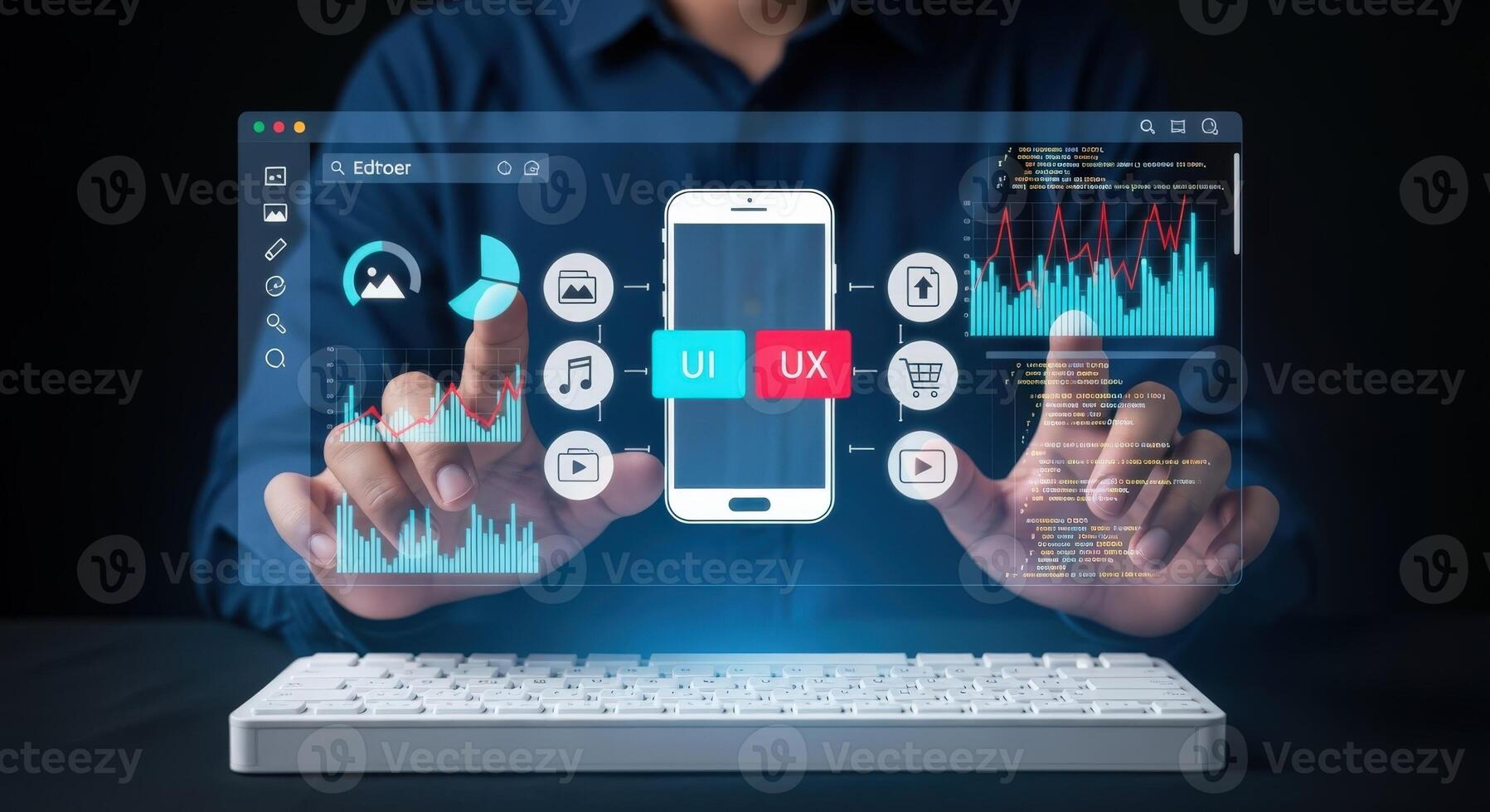 Digital Interface Development Person Interacting with Virtual Mobile App Design and Data Visualization photo