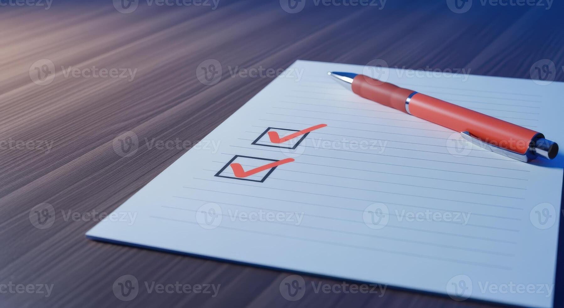 Checklist Completed with Red Pen on Wooden Desk, Showing Task Completion and Productivity photo