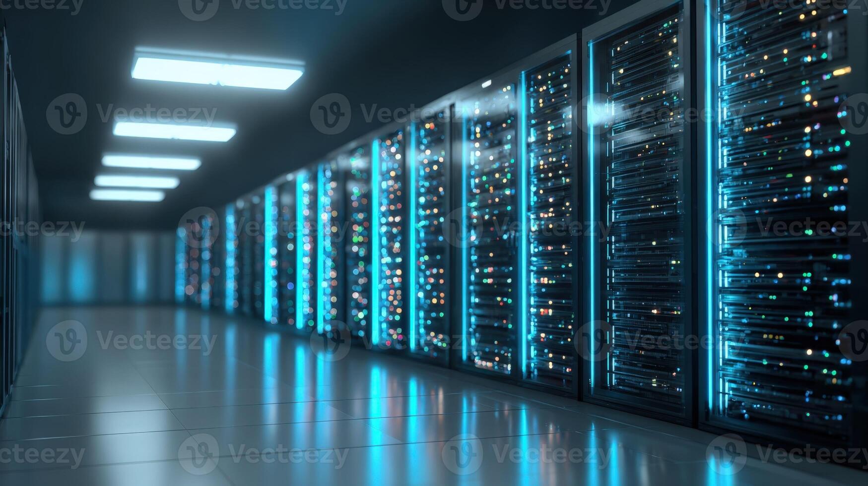 Server Room Interior with Rows of Operating Rack Servers for Data Storage and Processing, Modern Technology photo