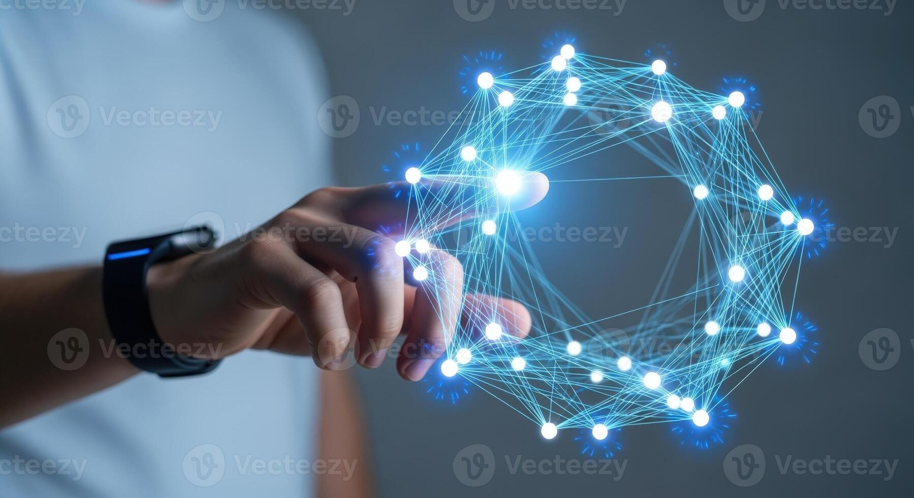 Interactive Digital Interface Man Touching a Glowing Network Sphere, Demonstrating Advanced Technology and Connectivity photo