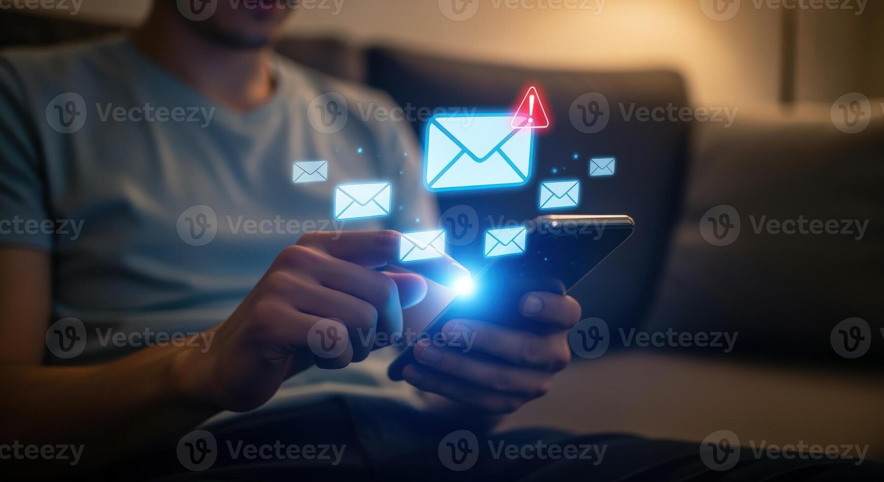 Man using smartphone checking email with glowing envelope icons representing digital communication technology photo