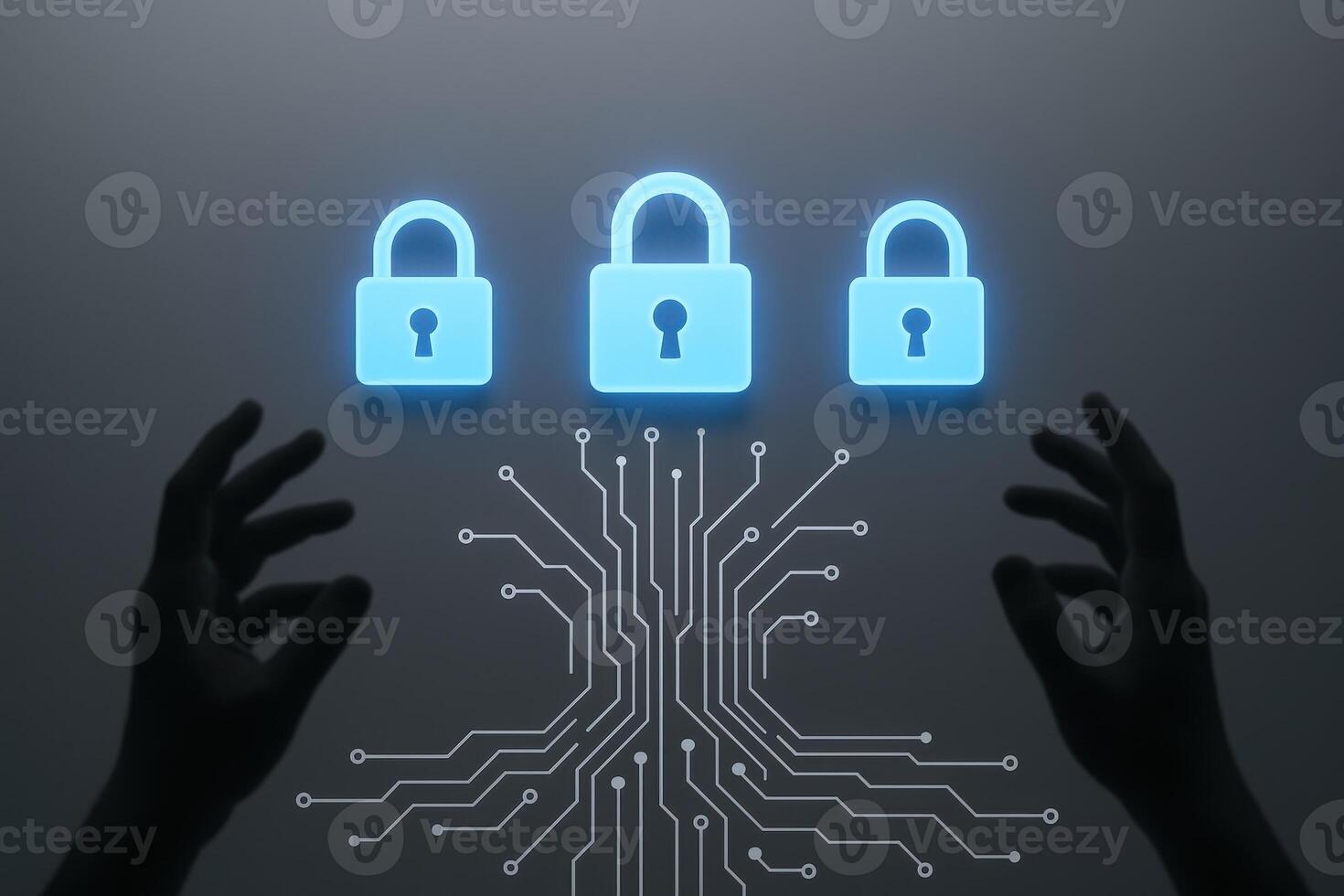 Digital Security Concept Hands Protecting Cybersecurity with Padlocks and Circuit Board Illustration, Representing Data Protection photo