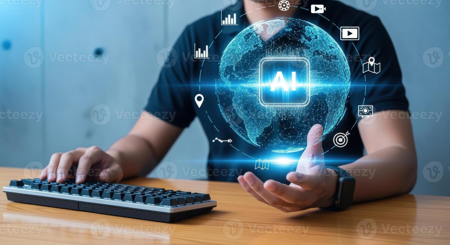 AI Integration Man Working with Artificial Intelligence Interface, Exploring Digital Future, Data Analysis and Tech Solutions photo