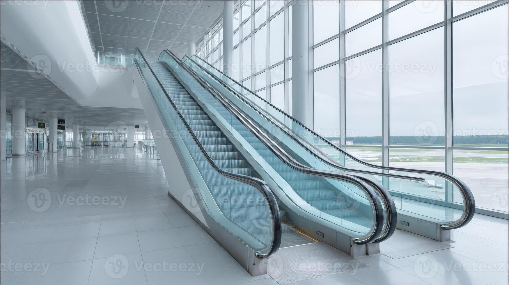 Modern Escalator in Airport Terminal with Large Windows and Natural Light, Seamless Transition photo