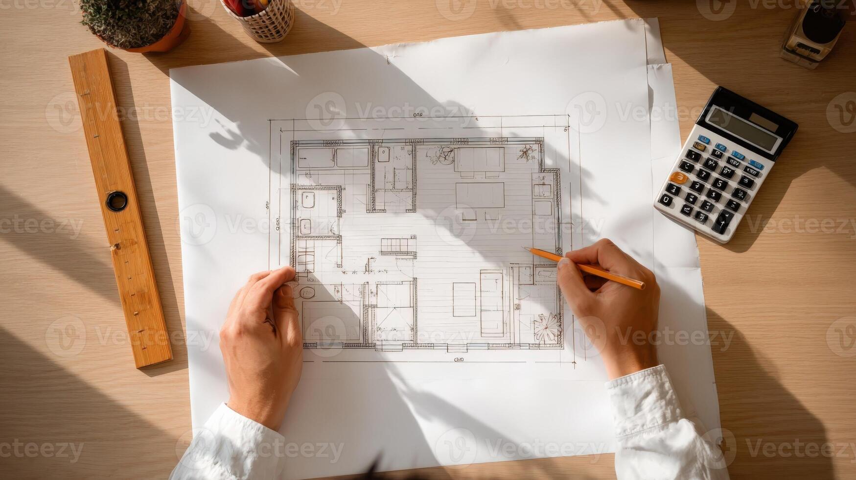 Architect Reviewing House Blueprint on Desk with Calculator and Tools for Building Project photo
