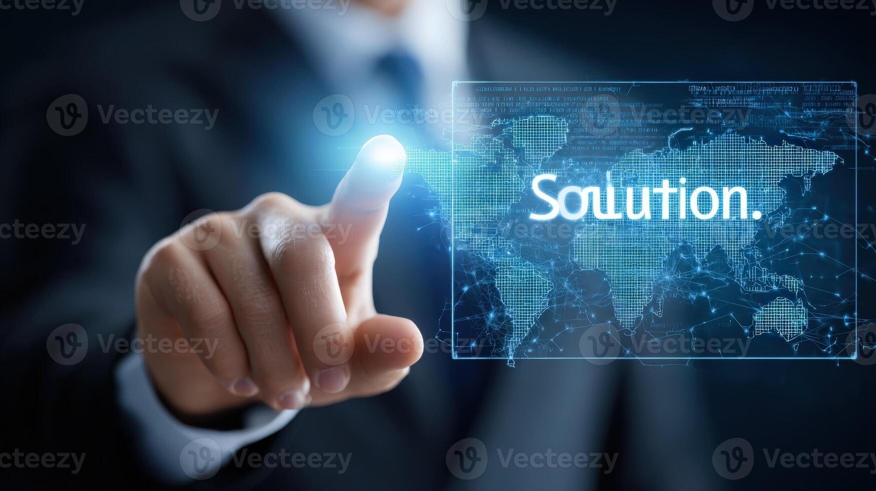 Businessman pressing a virtual solution button on a digital screen interface displaying global network connections and data photo