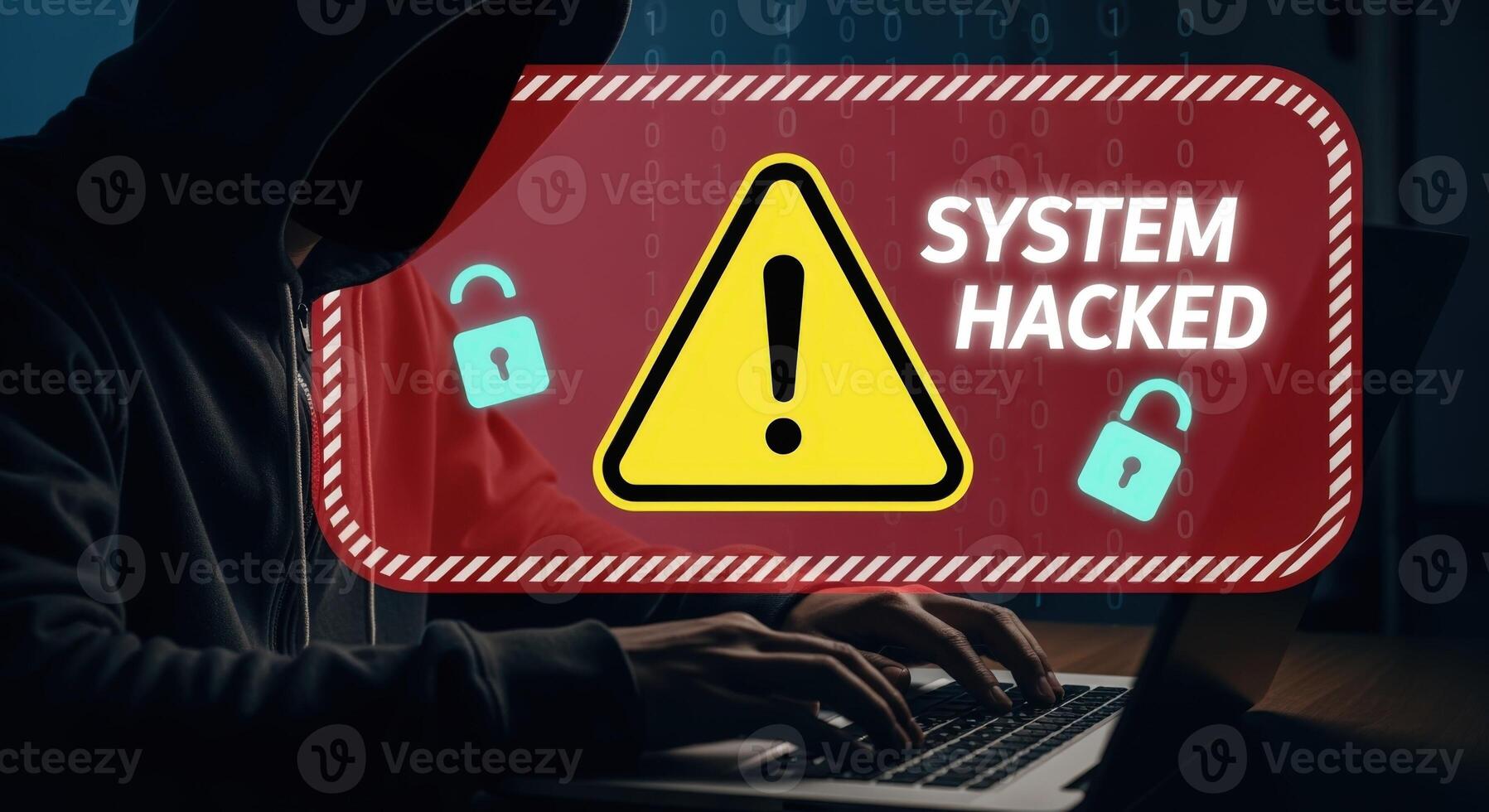 System Hacked Warning Cybersecurity Alert Featuring Hacker, Laptop, Warning Sign and Padlocks for Network Security Breach Concepts photo