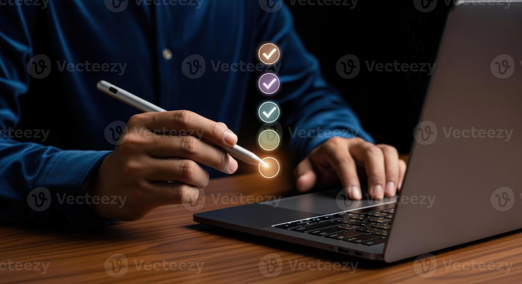 Business Man Using Laptop with Checklist and Approval Concept for Digital Transformation photo