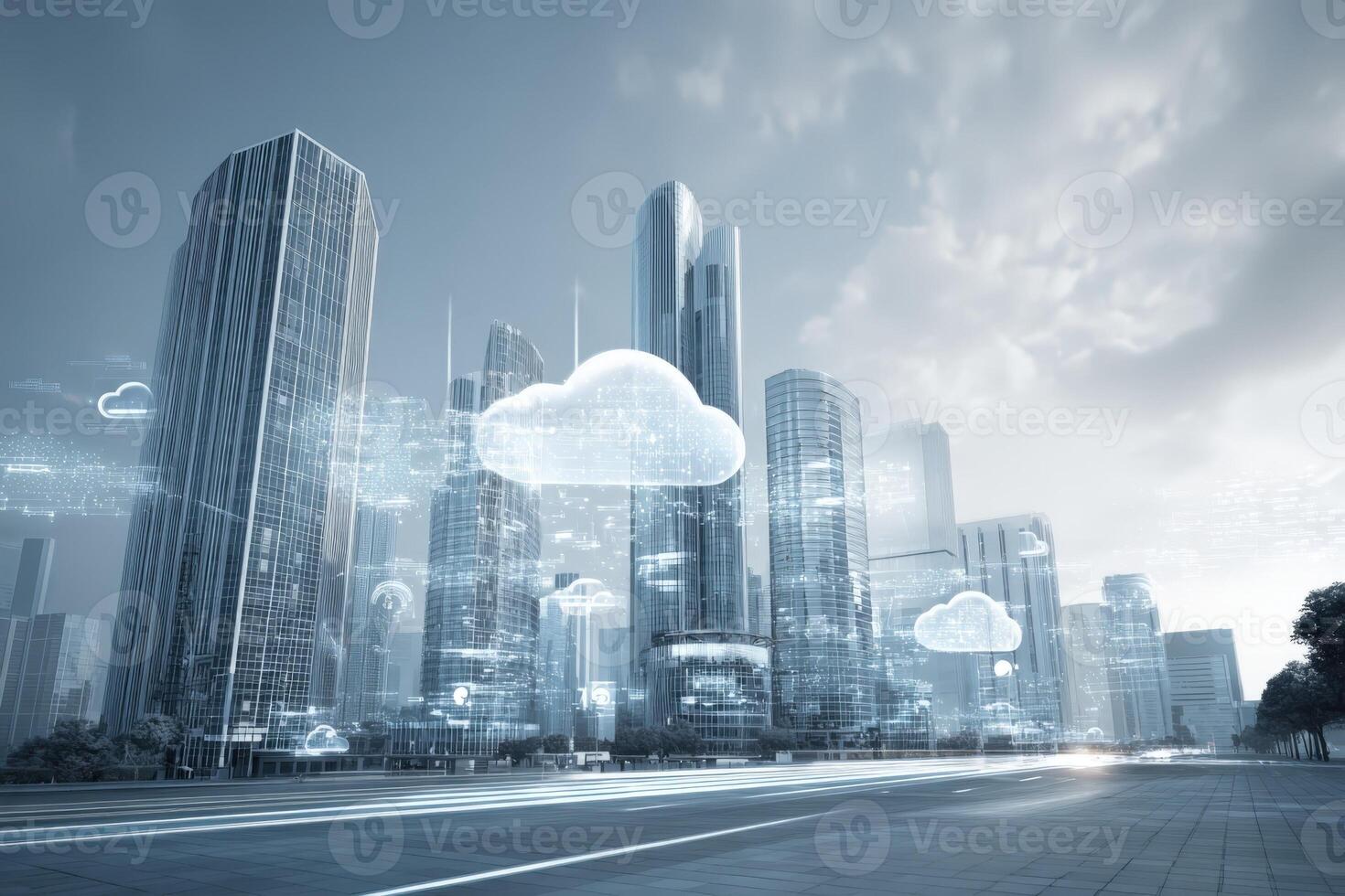 Modern Cityscape with Cloud Computing Visualization Abstract Digital Network Integration for Business Technology Solutions photo