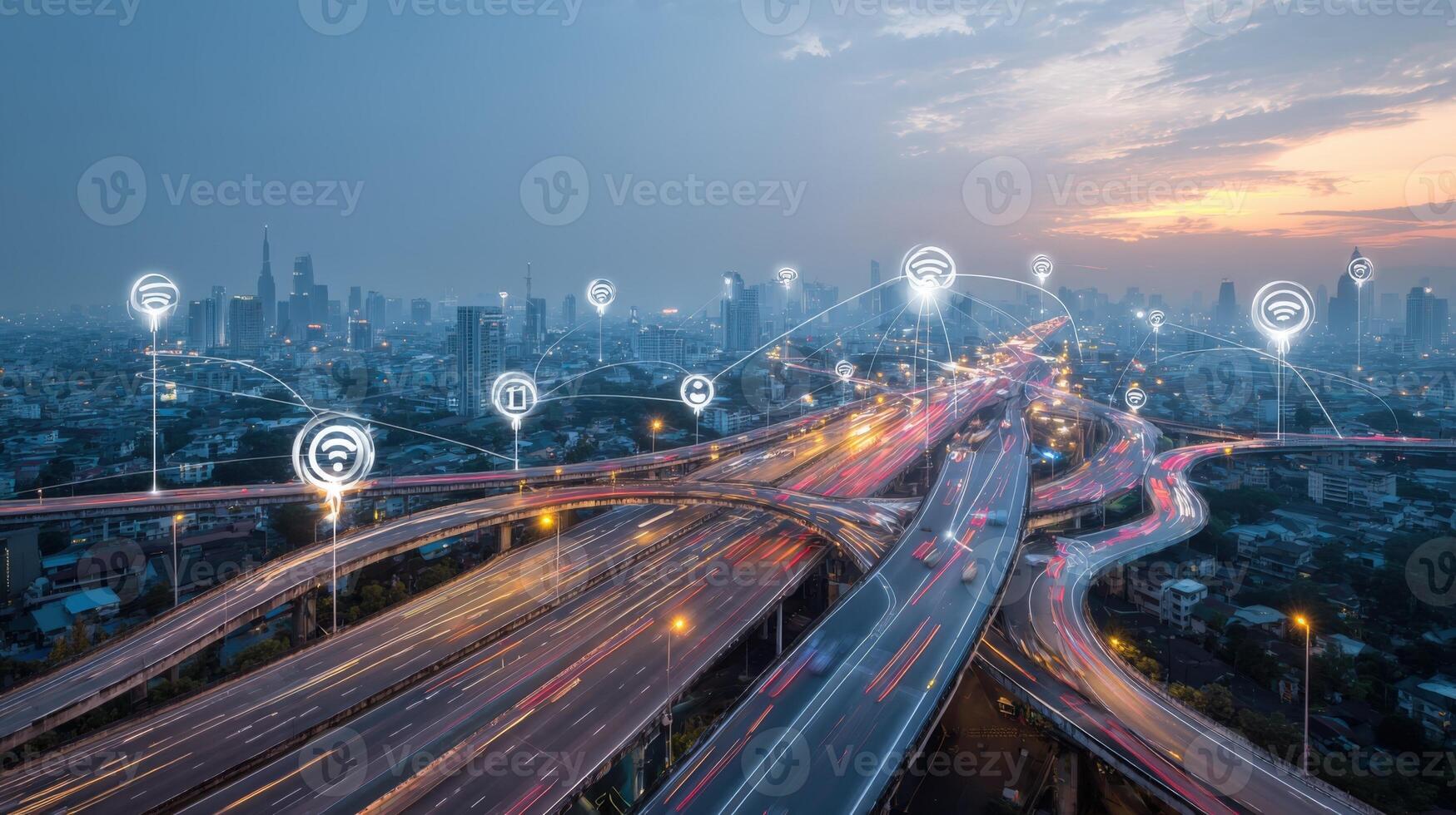 Smart City Network Aerial View of Highway Overpass with Digital Connectivity and Location Icons photo