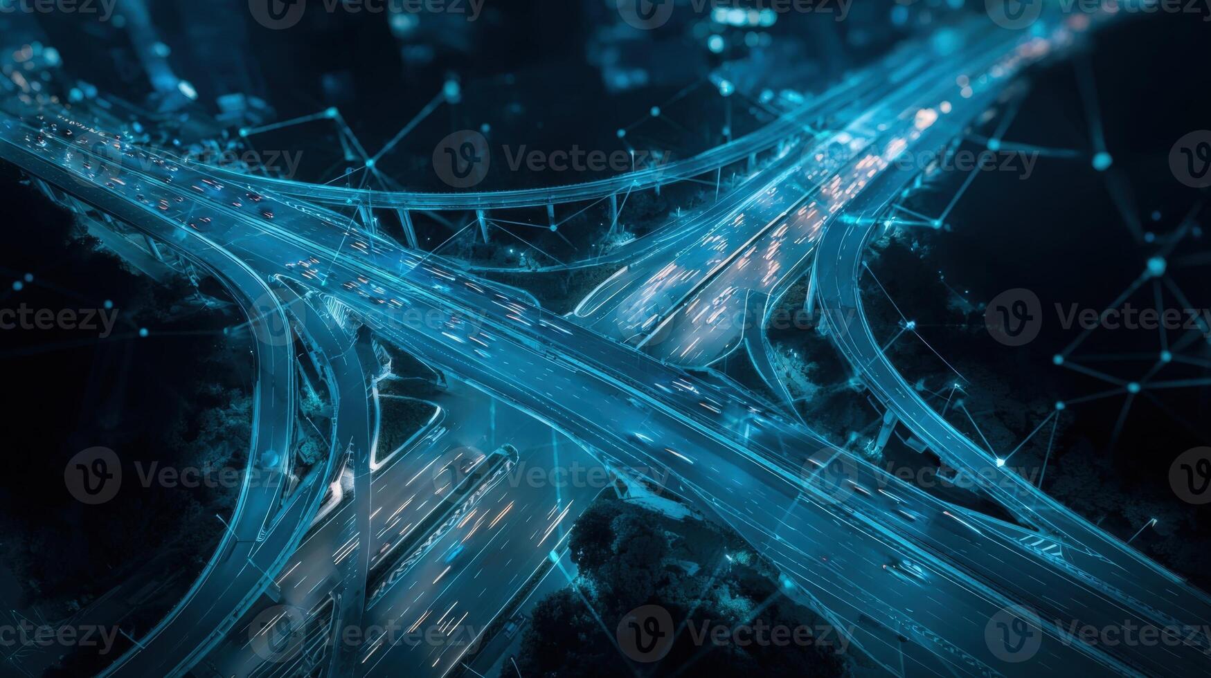 Futuristic Highway Interchange with Digital Network Overlay, Representing Connectivity, Transportation Technology and Data Flow photo