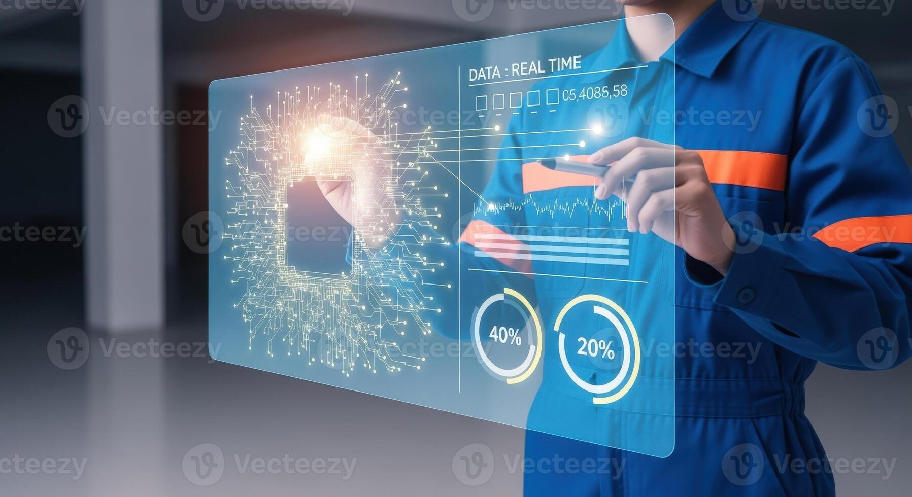 Technician Interacting with Futuristic Interface Displaying Real Time Data, Charts, and Analytics for System Monitoring photo