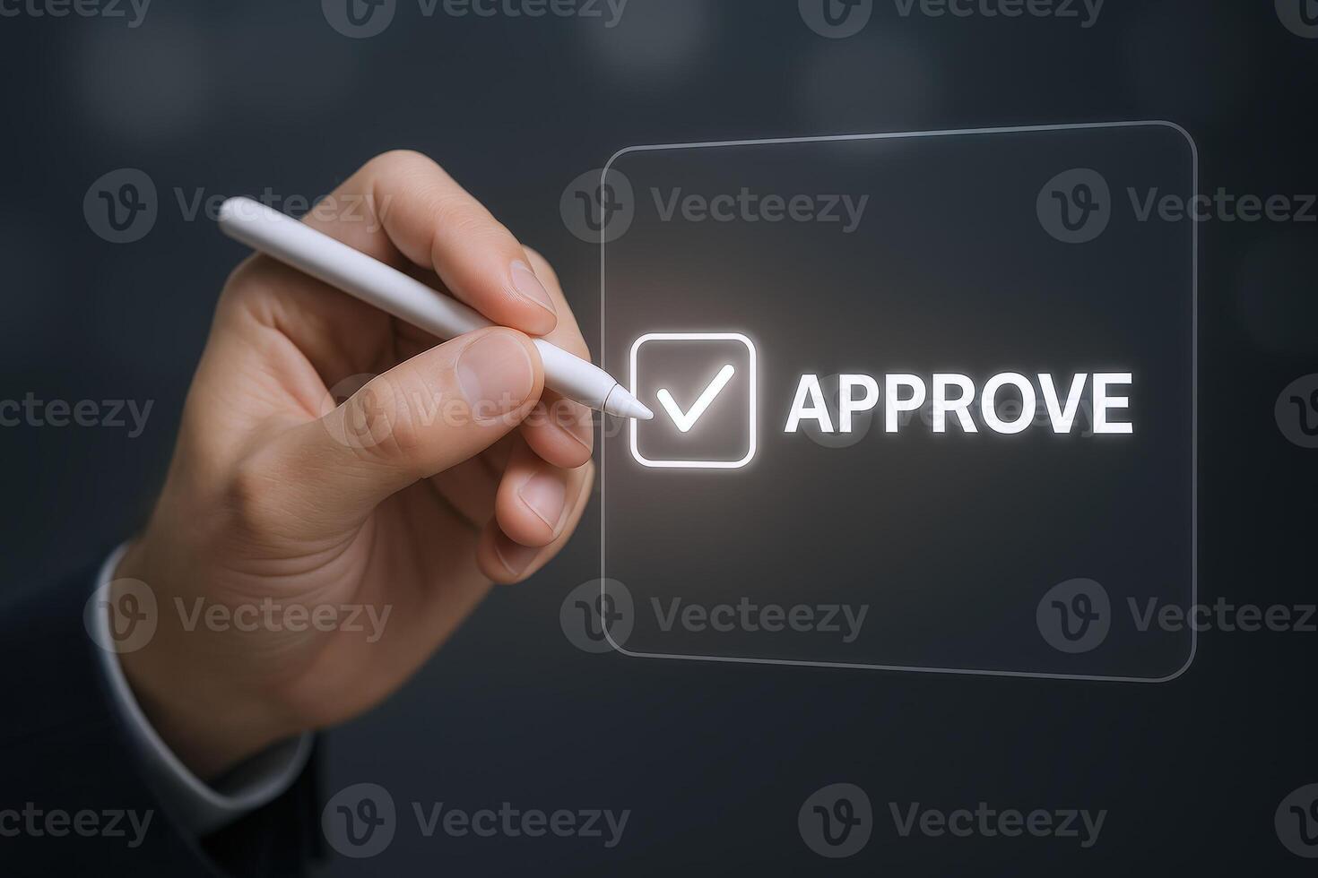 Approval Concept Hand Selecting Approve Option with Stylus on Digital Interface for Project Confirmation photo