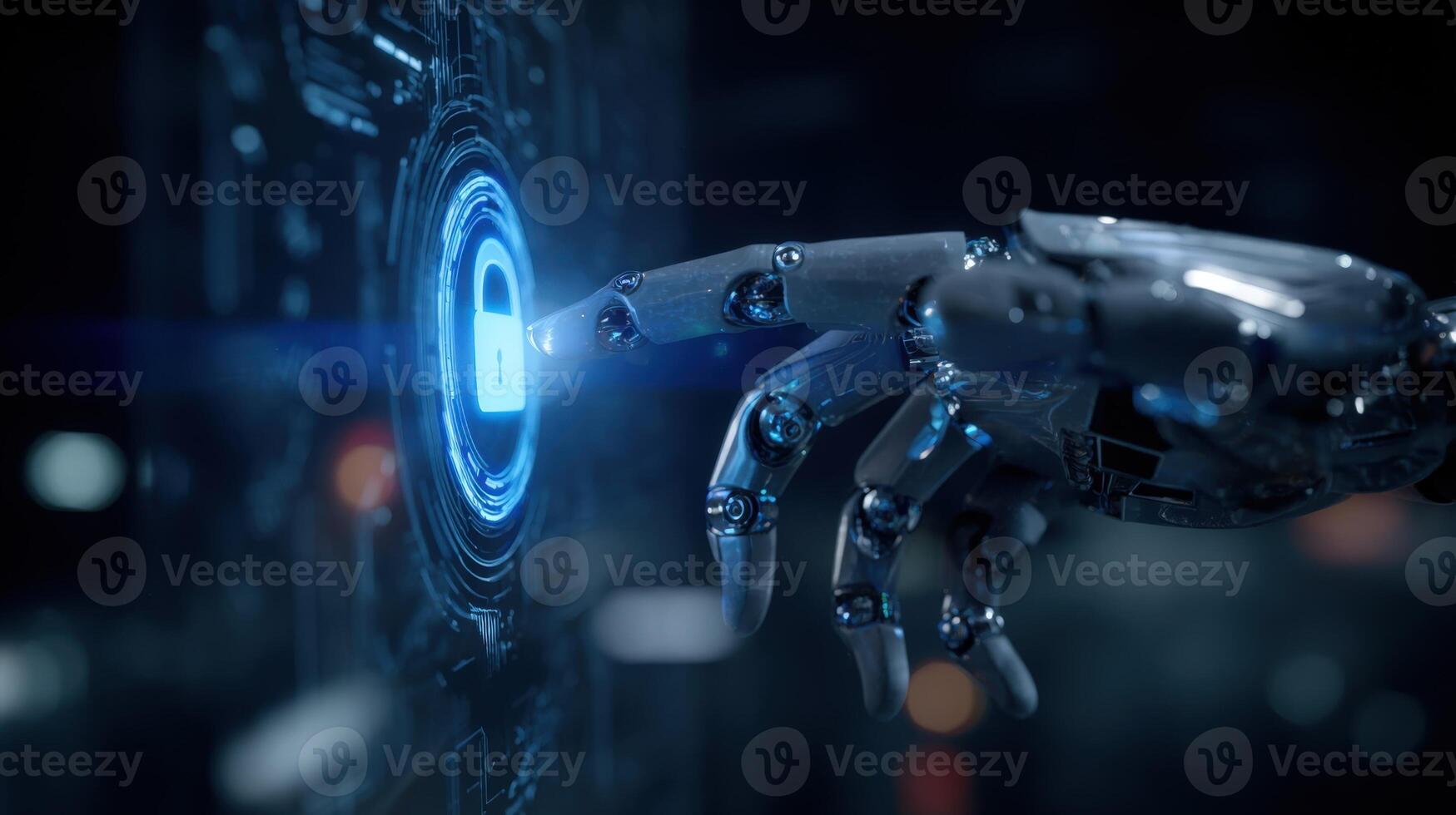 Cybersecurity Protection Robot Hand Activating Security Lock on Digital Interface for Data Safety and Artificial Intelligence photo