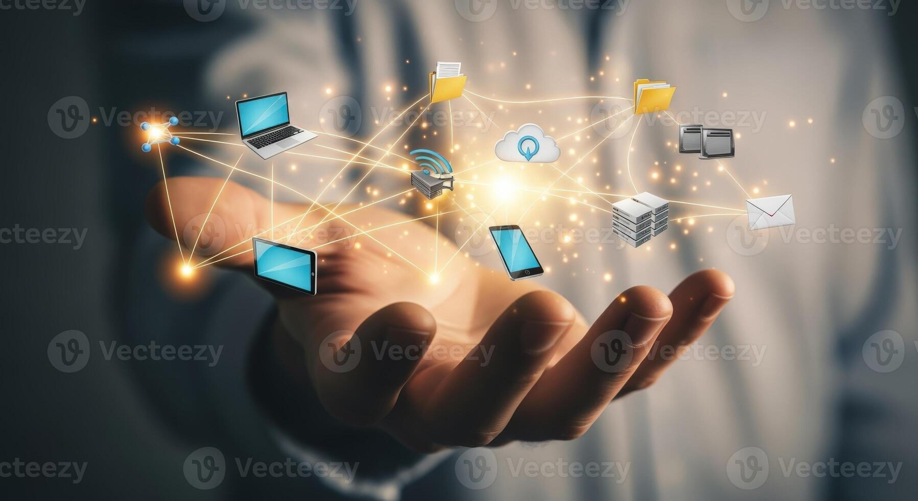 Cloud Technology Concept Man Holding Holographic Interface with Connected Devices and Data Visualization photo