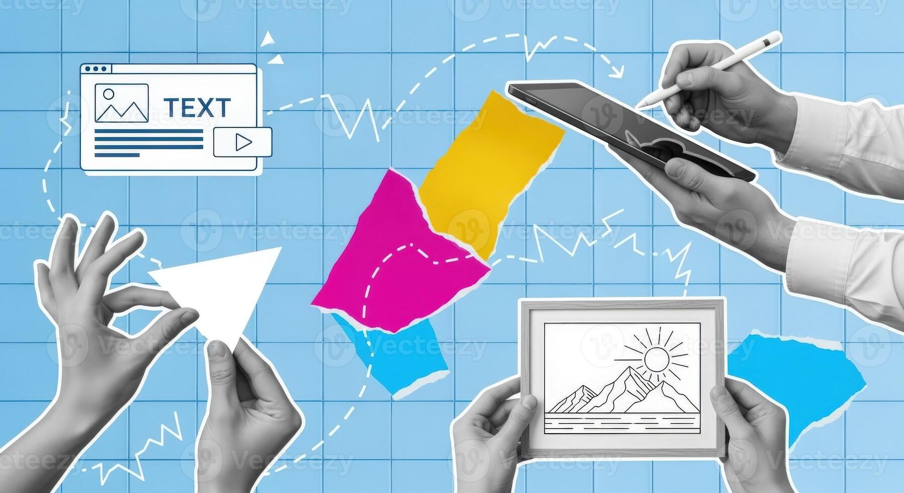 Digital workflow illustration showcasing hands interacting with interfaces, creative process and collaboration on light blue background photo