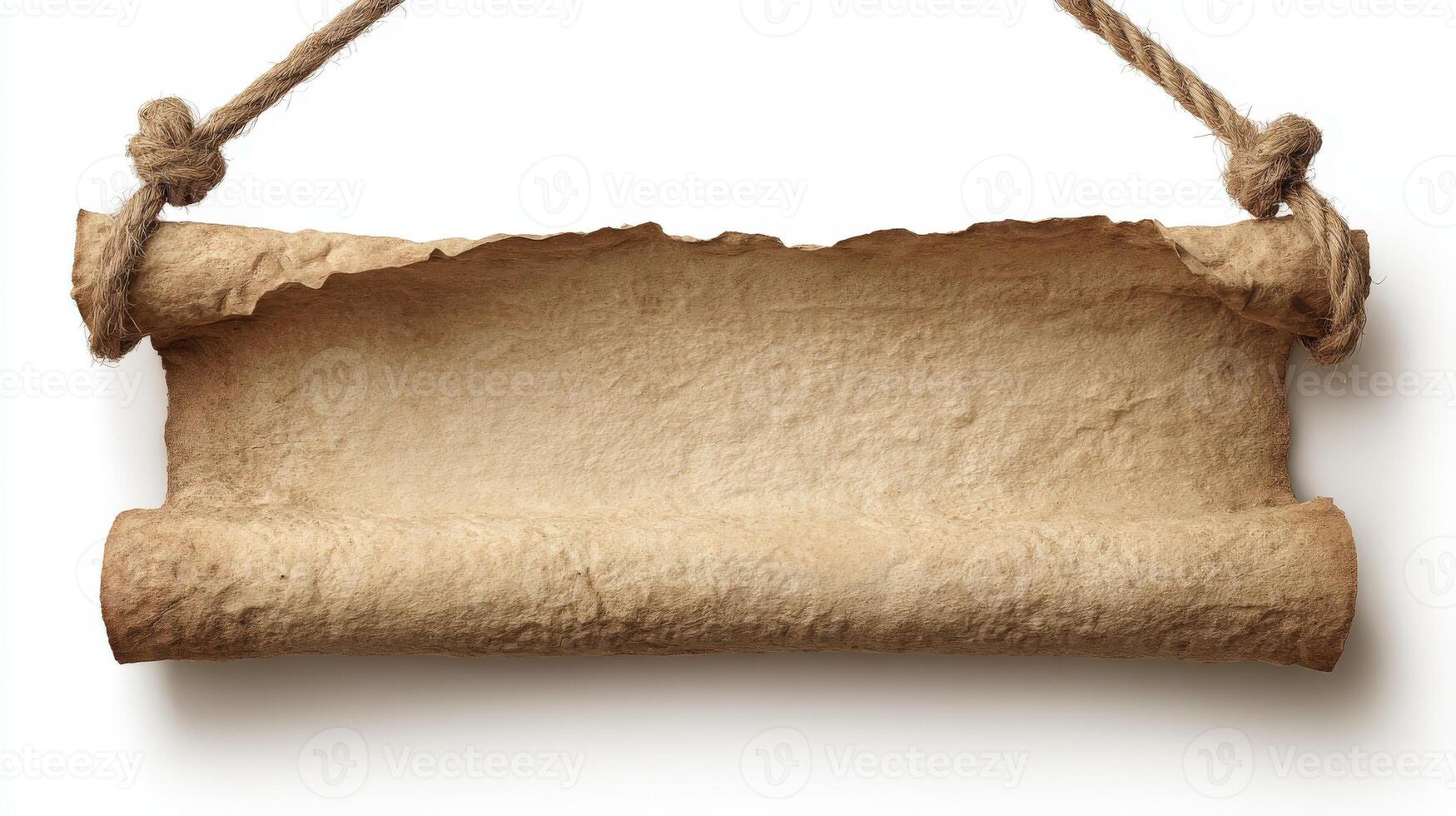 Antique Parchment Scroll Hanging from Rope, Ideal for Medieval Themes and Message Presentation photo
