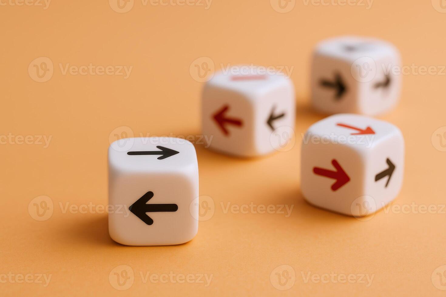 Decision Dice White Cubes with Arrows Pointing in Different Directions Representing Choice and Strategy photo