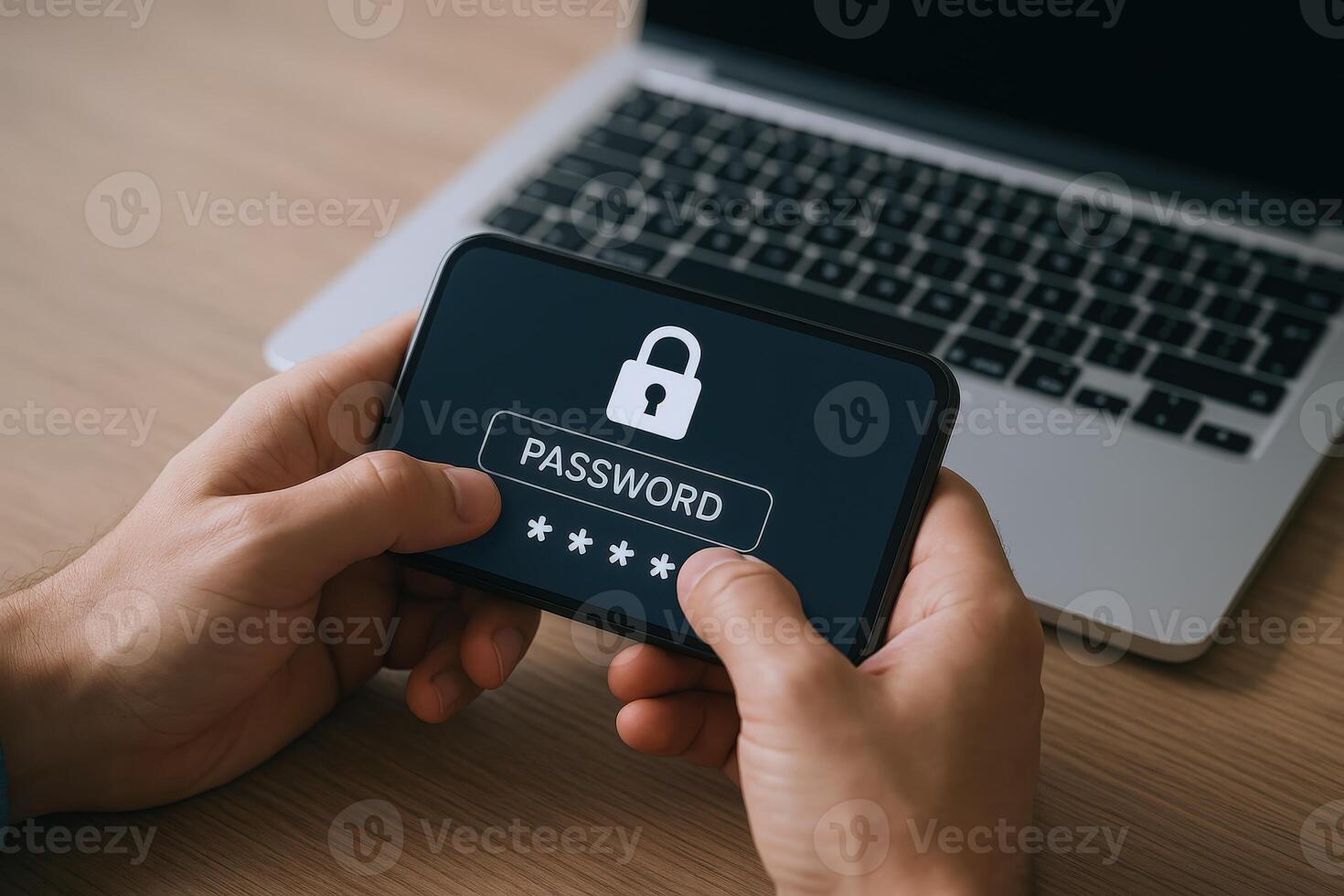 Entering Password on Smartphone with Laptop in Background, Security Authentication Concept, Data Protection photo