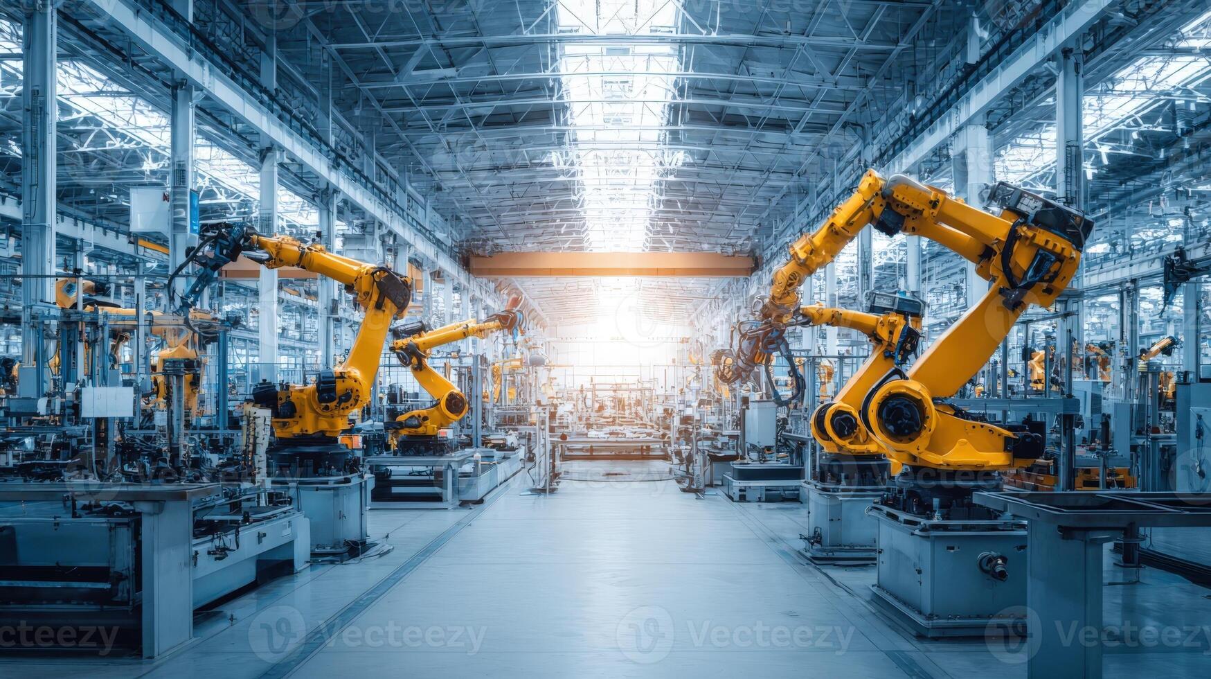 Automated Factory Production Line with Robotic Arms Performing Industrial Manufacturing and Assembly Operations photo