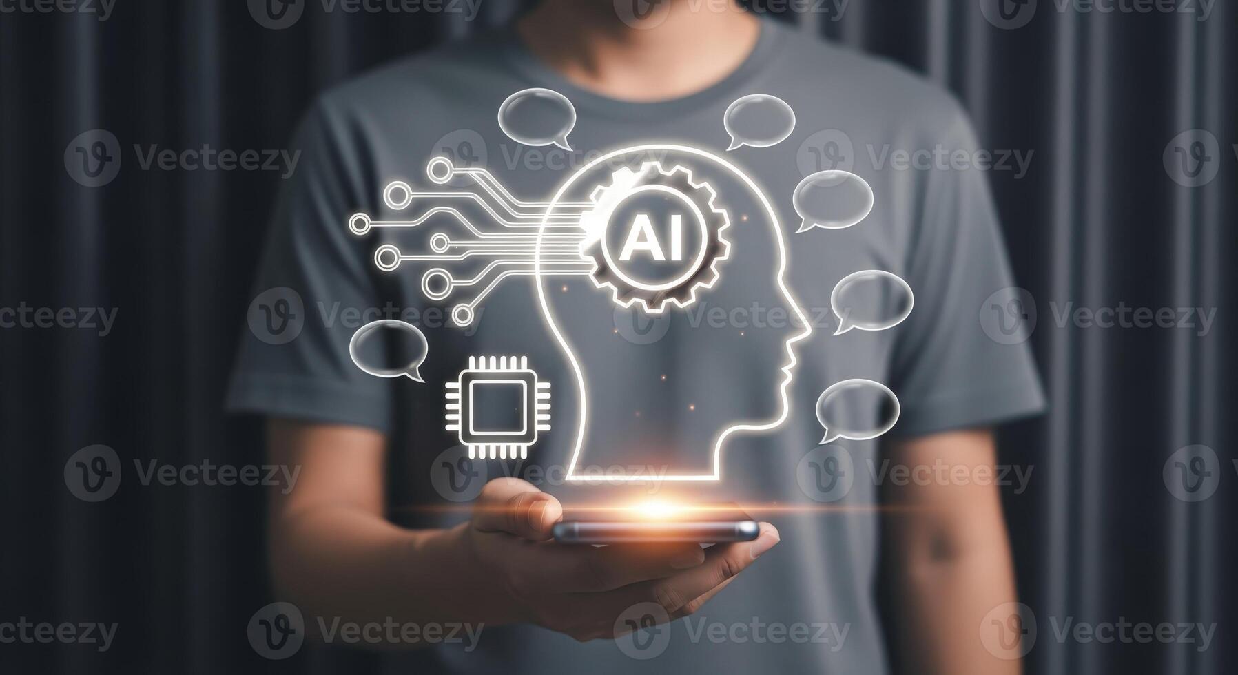 AI Technology Display Man Holds Phone with Artificial Intelligence Concept and Digital Brain Interface photo