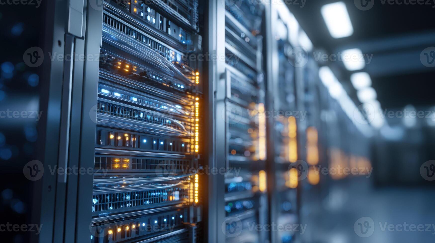 Server Room Data Center Hosting Infrastructure with Rows of Rack Servers and Network Cables photo