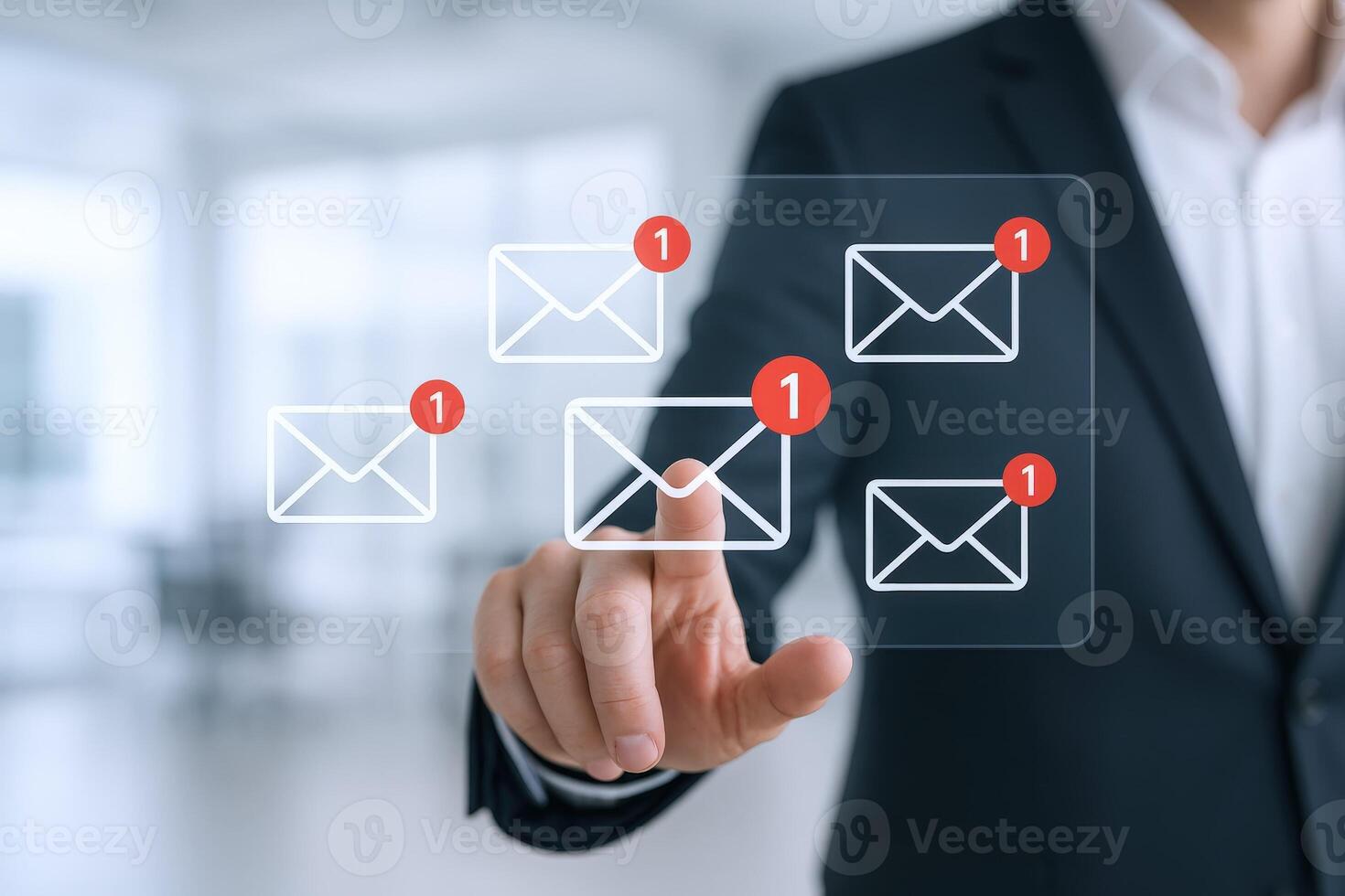 Businessman Taps Email Icons on Transparent Screen Displaying Unread Messages for Business Communication photo