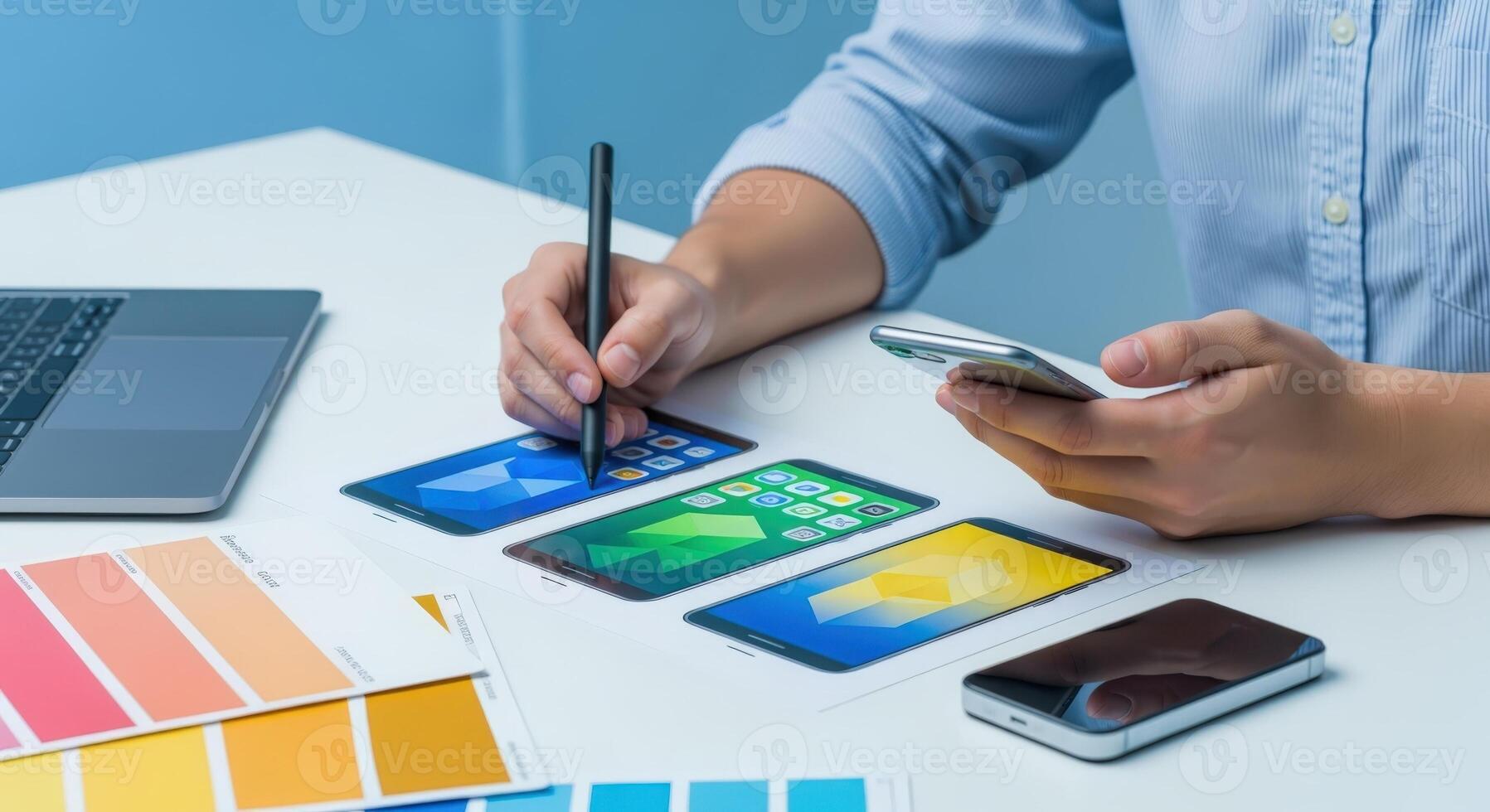 UIUX Designer Creating Mobile App Interface with Stylus and Color Palette on White Desk photo