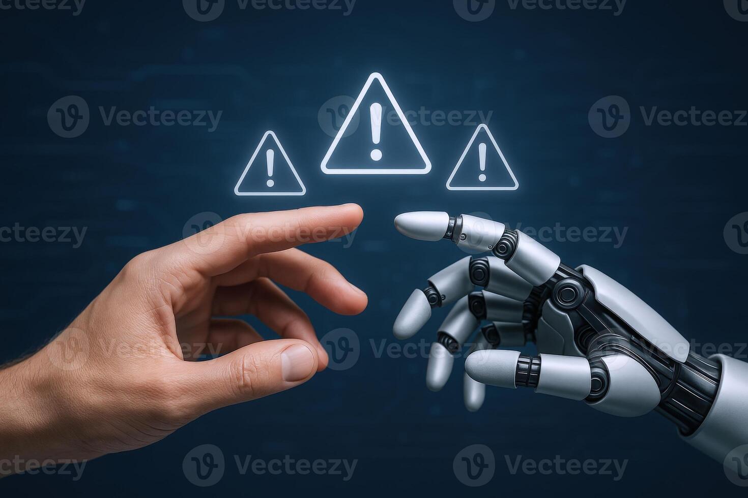 Human and Robot Hands Touching with Warning Symbols Illustrating AI Risk and Technological Dangers photo