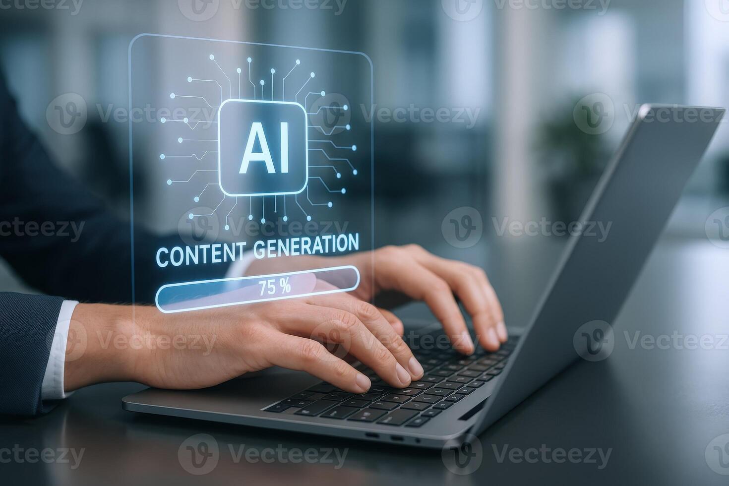 Content Generation with Artificial Intelligence Man Using Laptop for Automated Writing and Marketing Solutions photo