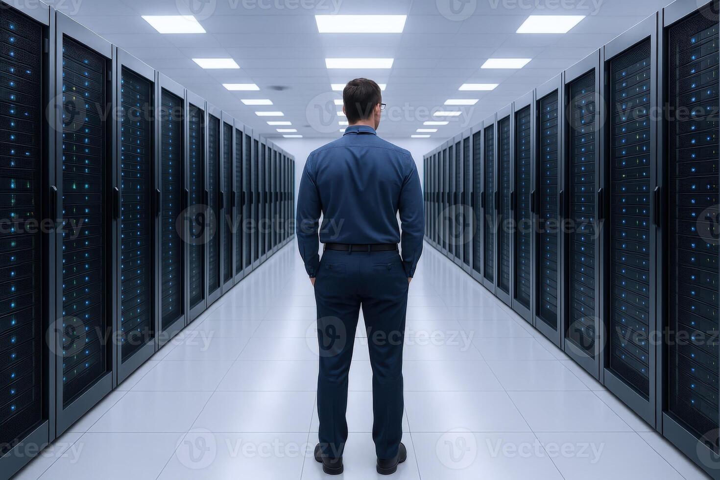 IT Professional Standing in Data Center Server Room Inspecting Infrastructure for Maintenance and Optimization photo