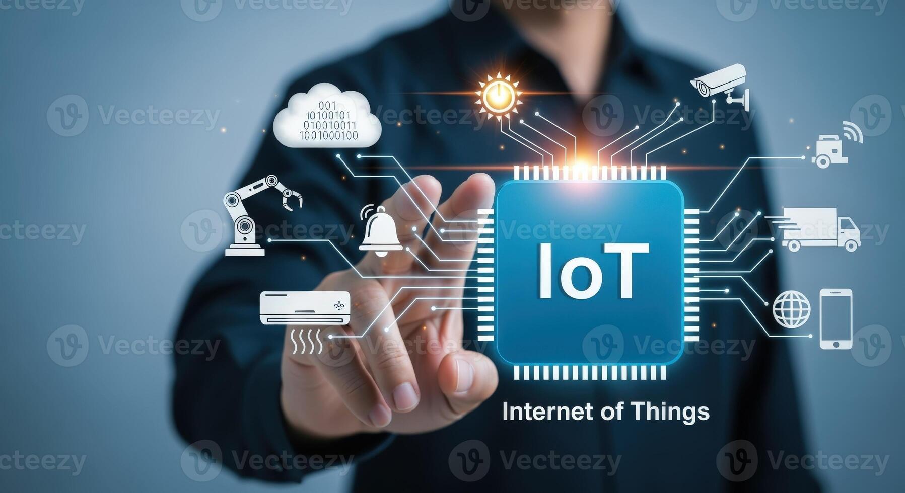 IoT Technology Concept Man Interacting with Internet of Things Interface Representing Smart Devices and Cloud Computing photo