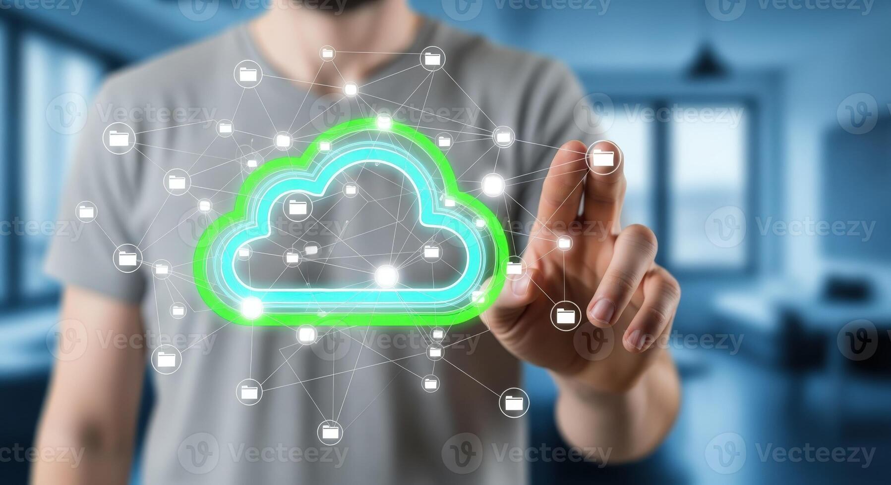 Cloud Technology Visualization Man Interacting with Digital Cloud Interface for Data Storage and Computing photo