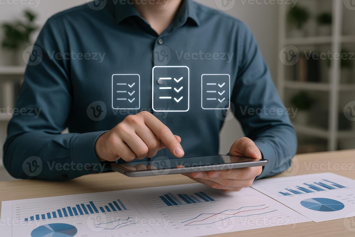 Businessman Using Digital Tablet for Task Management and Planning with Checkmarks Overlay on the Screen photo