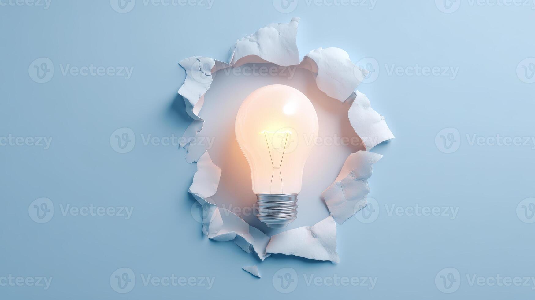 Bright Idea Breakthrough Light Bulb Shining Through Torn Paper, Representing Innovation and Problem Solving photo