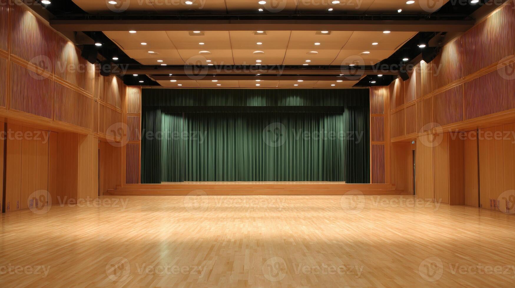 Empty Auditorium with Stage and Green Curtains, Ready for Performance or Event photo