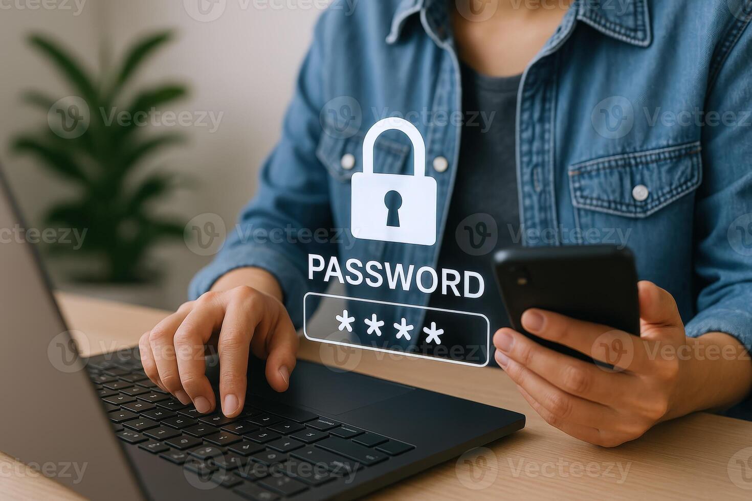 Entering Password on Laptop with Phone for Two-Factor Authentication and Cybersecurity Measures photo