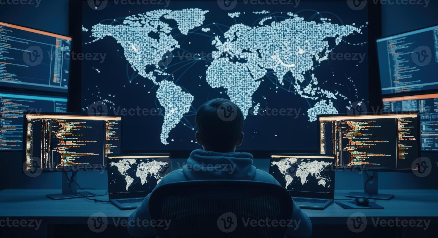 Cybersecurity Expert Analyzing Global Network Data on Multiple Screens in a Dark Control Room photo
