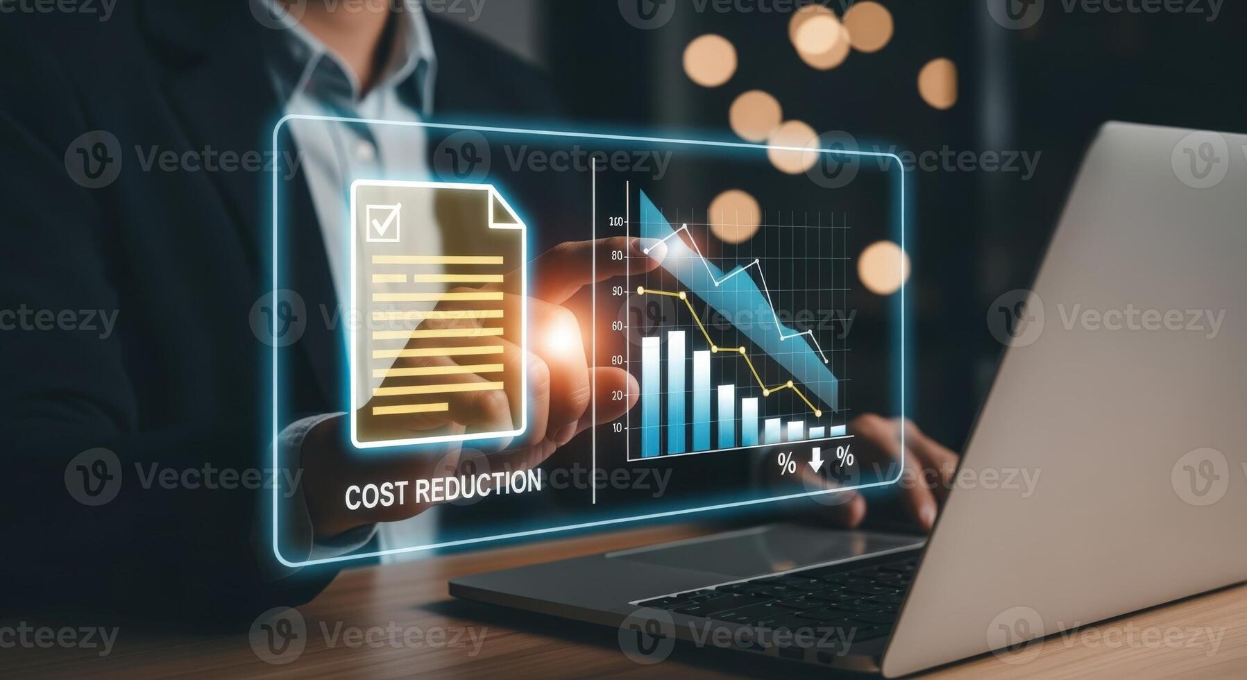 Analyzing Cost Reduction Strategies with Digital Interface Business Professional Optimizing Financial Performance Using Technology photo